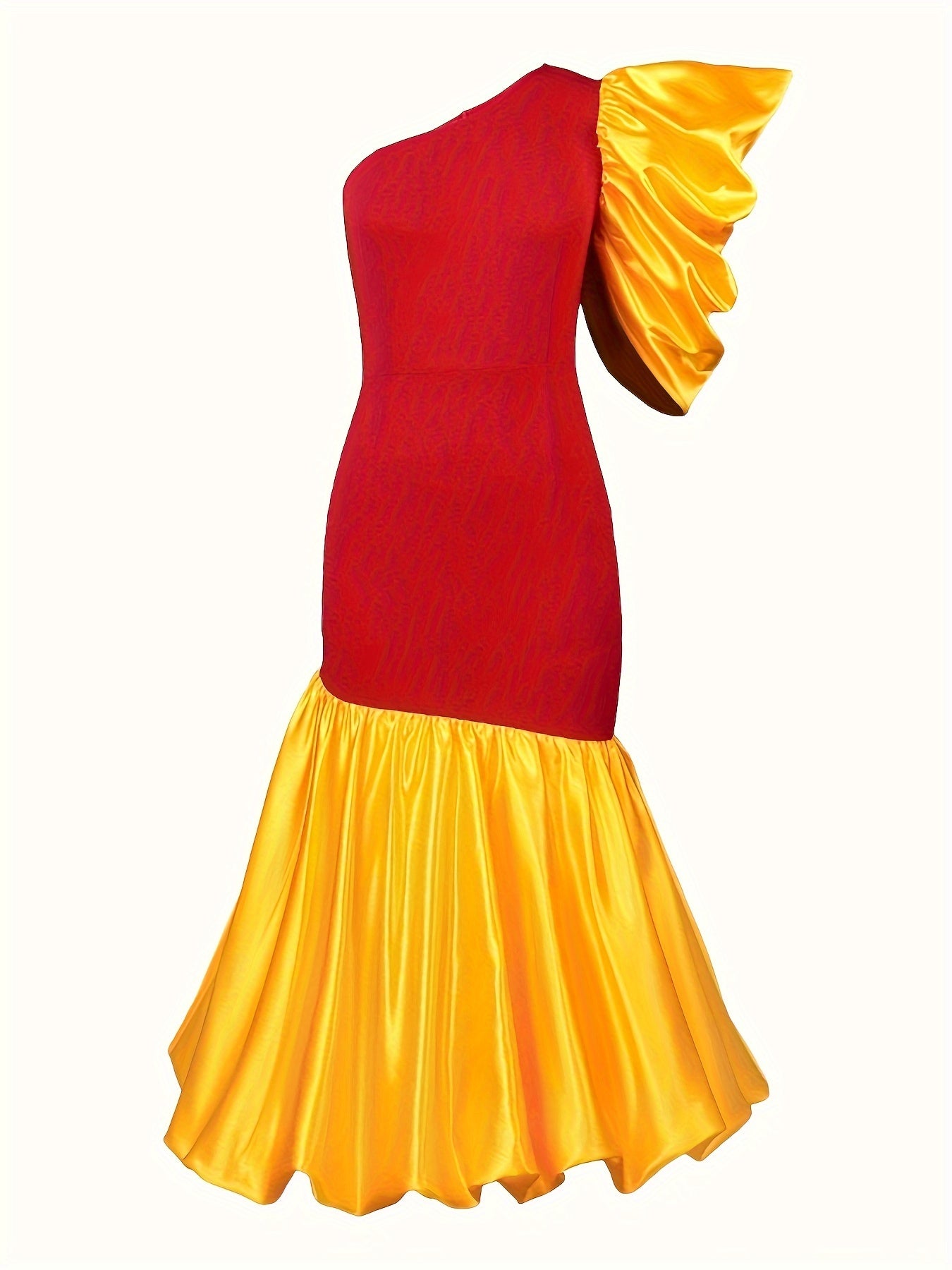 Plus Size Satin Color Block One Shoulder Midi Dress for Party