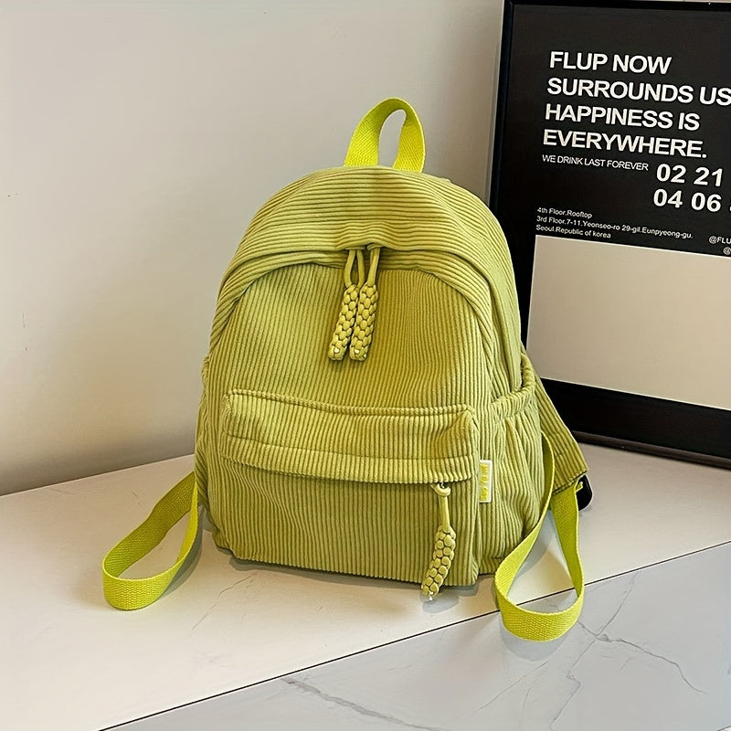Small Corduroy Backpack for Winter Casual Students Water-Resistant Zipper Closure