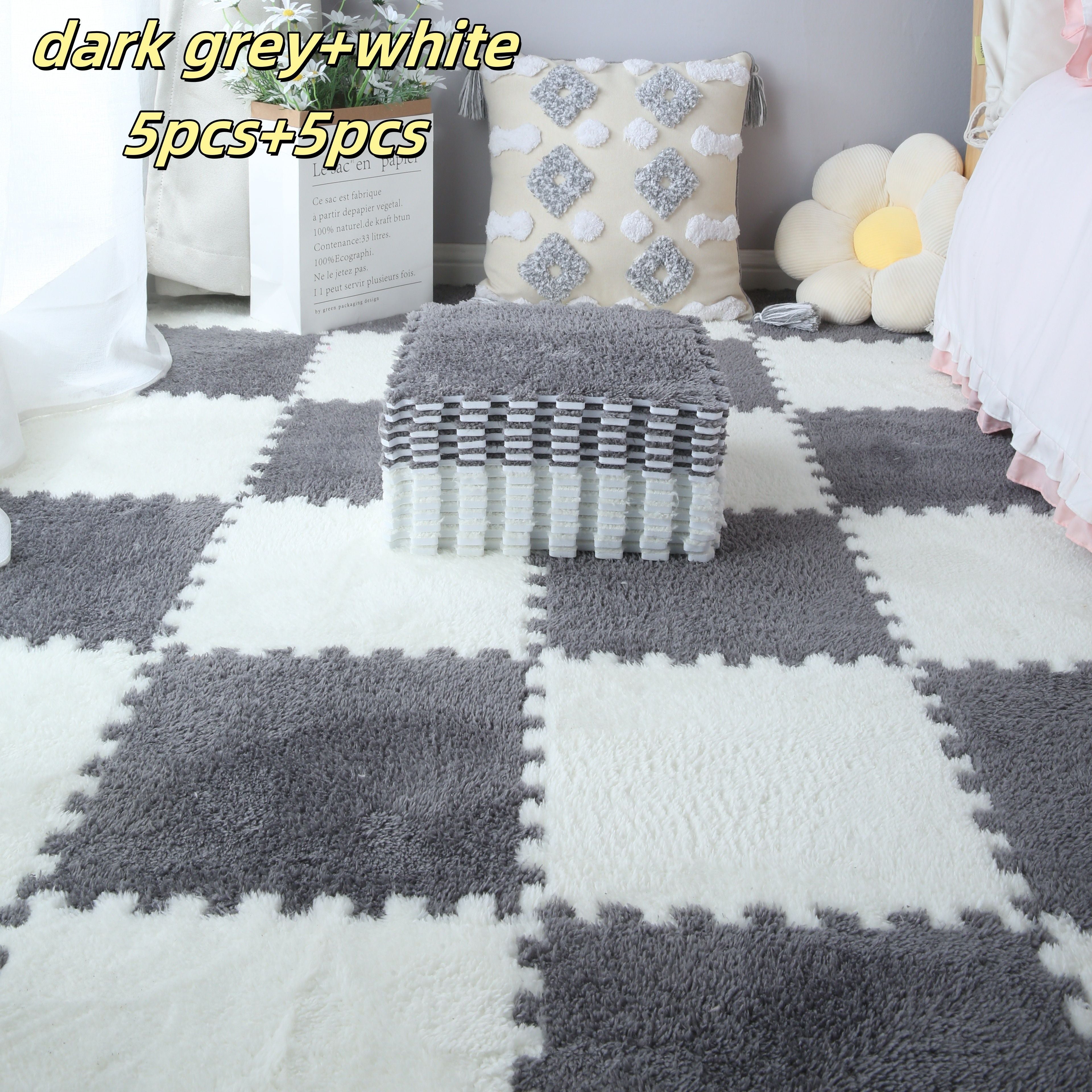 Set of 10 Interlocking Foam Play Mats for Kids and Pets Non-Slip Floor Tiles in Black Gray White