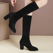 Women's Elastic Mid-Calf High Heel Boots Black Leather