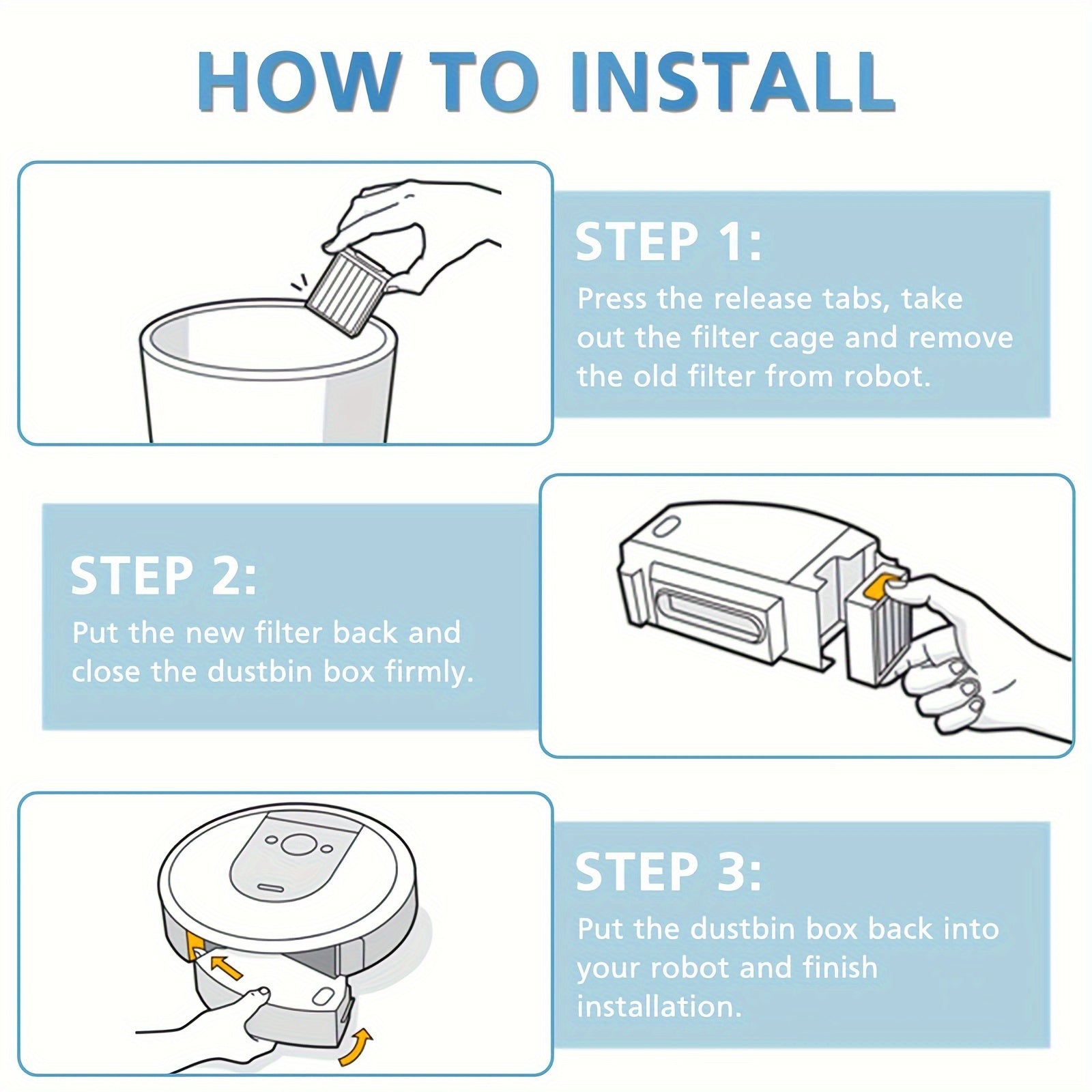 Irobot Roomba seriyasining E5, E6, E7, I3, I4, I6, I7, I8, J7, J7+, J7+ modellari bilan mos keladigan HEPA filtrlar, o'lchamlari 5 sm/1.97 dyuym x 6.5 sm/2.5 dyuym.