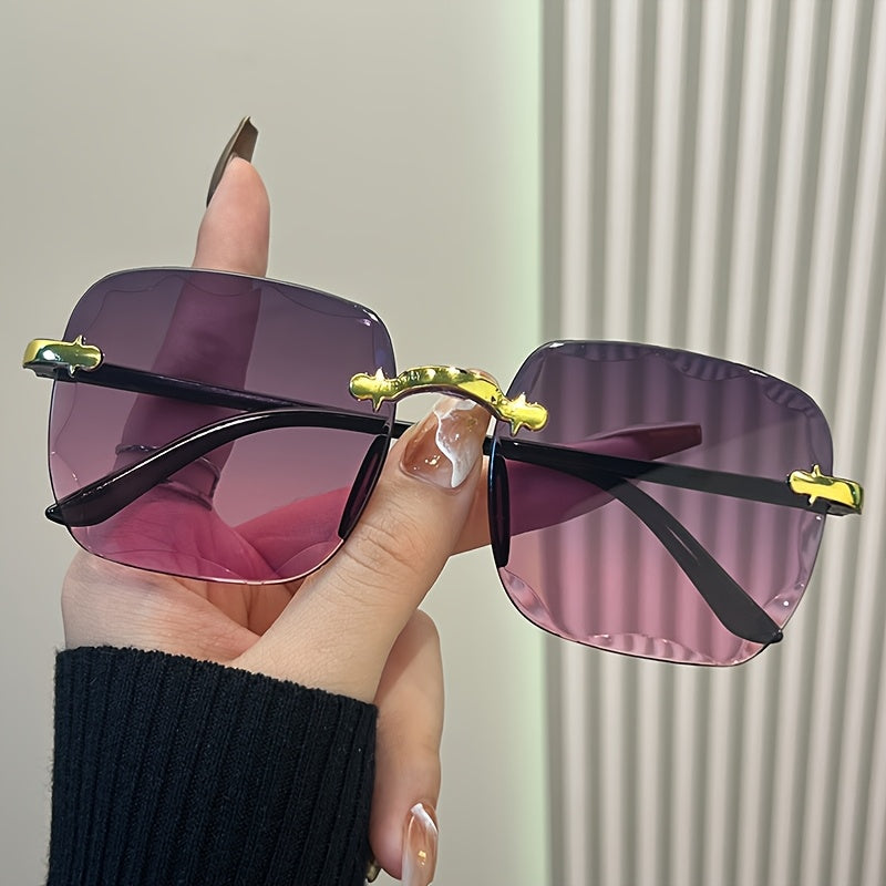 Women's Rimless Square Fashion Glasses Gradient Lens Golden Frame Lightweight Plastic Vintage Style for Beach Party Travel