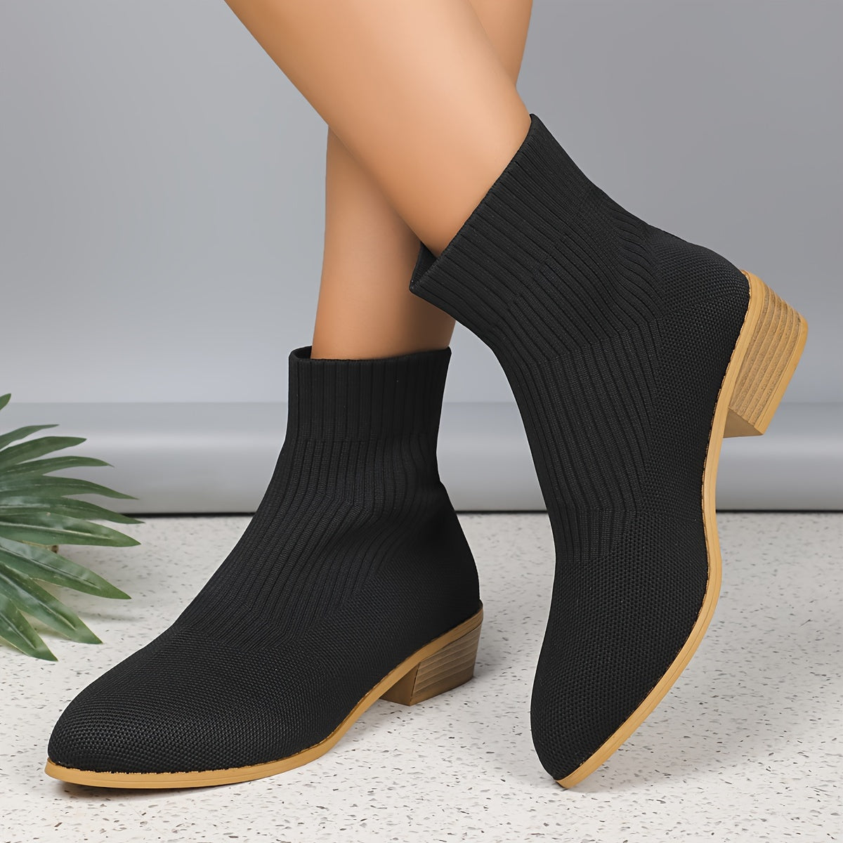 Women's Knit Boots Breathable Round Toe Chunky Heels Fall Sneakers