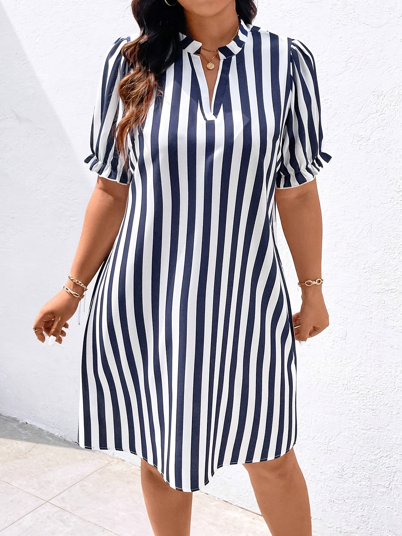 Plus-Size Striped Dress with Flutter Short Sleeves and V-Neck for Women
