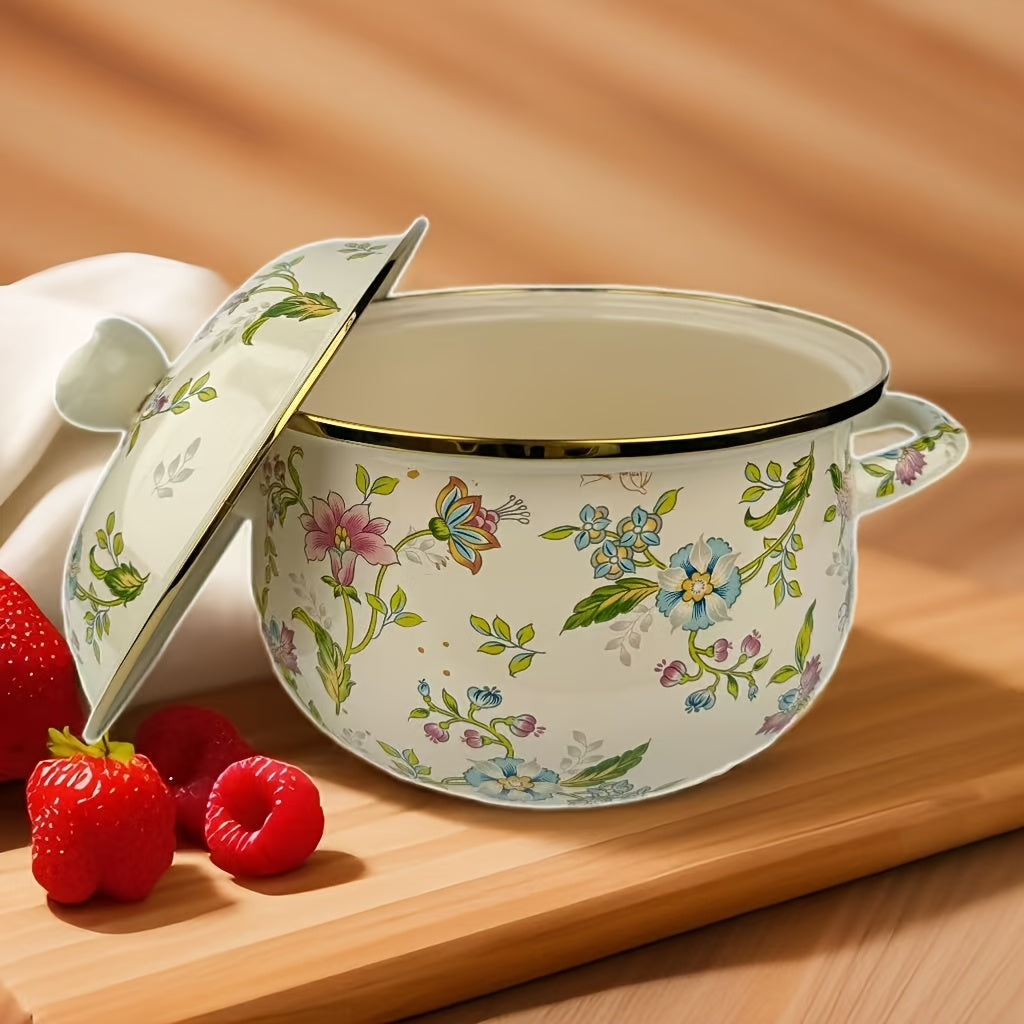 Enamel Soup Pot with Rose Ceramic Lid, Dual Handles, Dual-Tone Coating