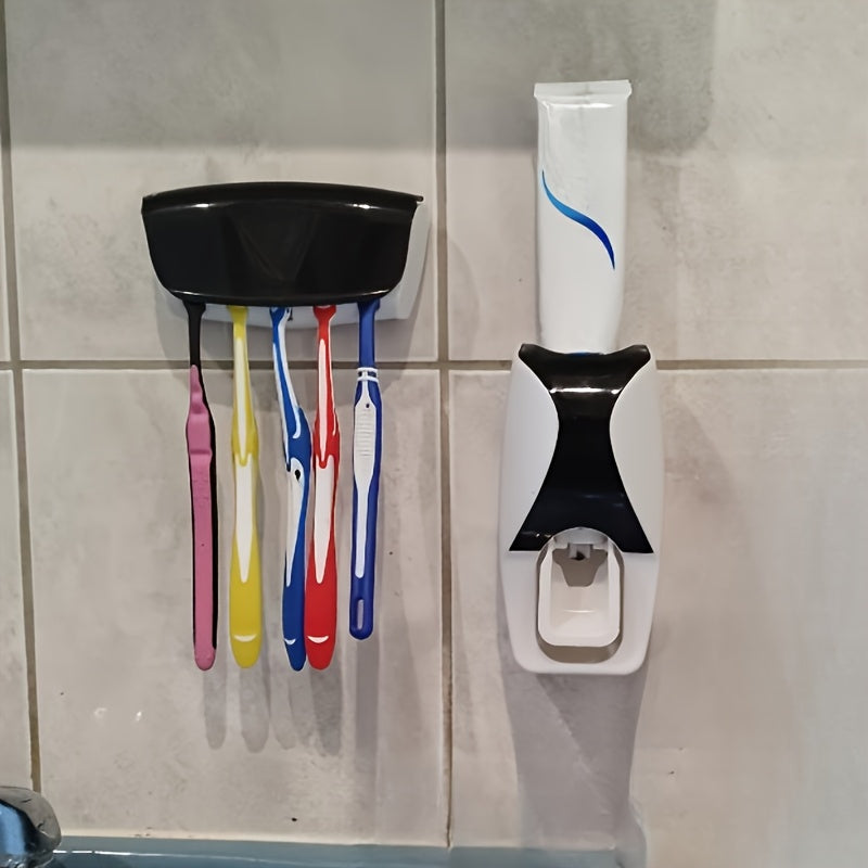 Wall-Mounted Toothbrush Holder with Automatic Toothpaste Dispenser Holds 5 Brushes No Power Needed Plastic Bathroom Organizer