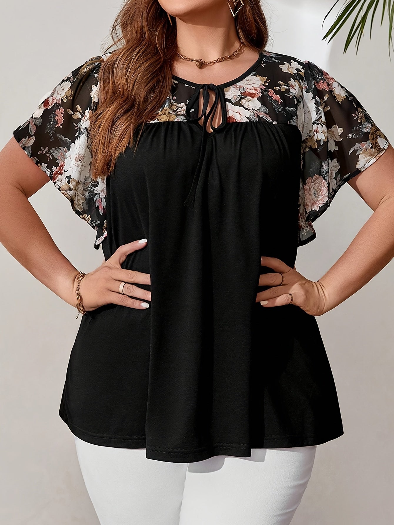 Plus Size Women's Black Floral Blouse with Tie-Front and Butterfly Sleeves