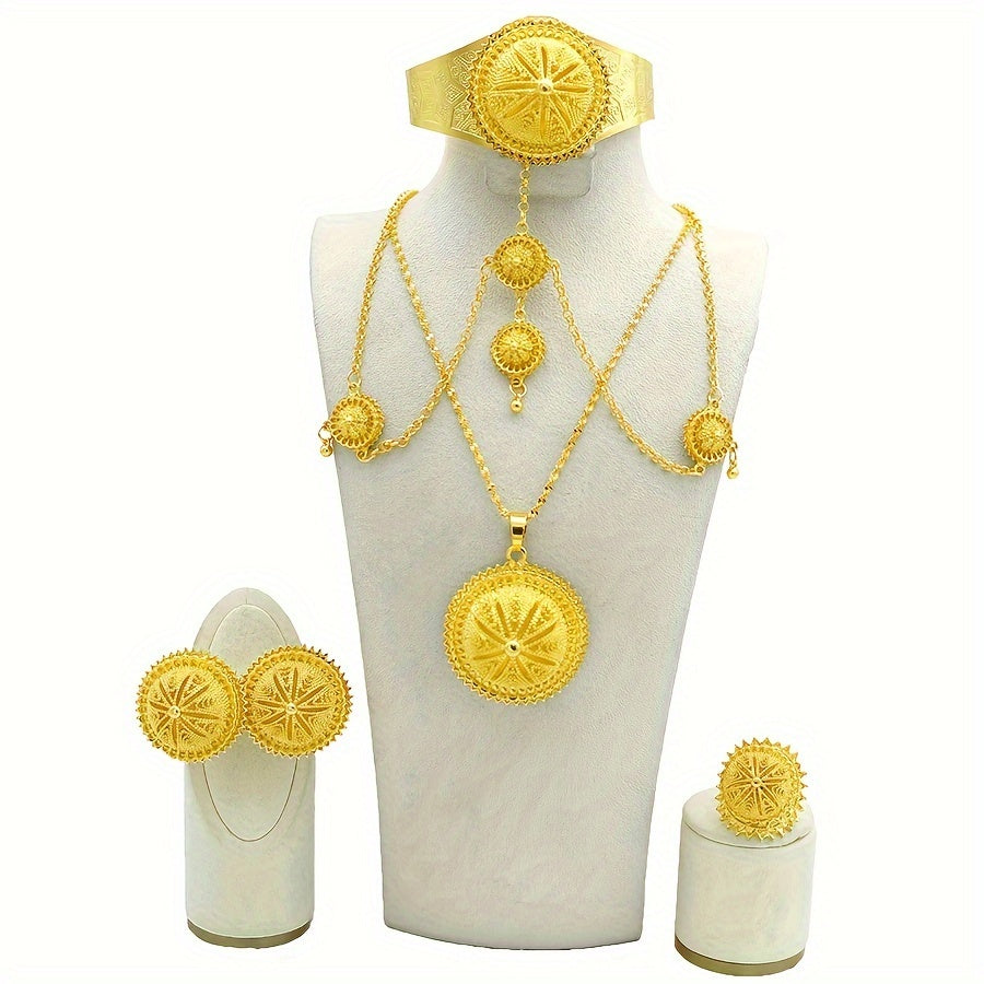 Vintage Copper Alloy Jewelry Set with Necklace Earrings Ring Bracelet and Head Chain for Weddings and Parties