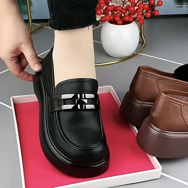 Women's Black Platform Loafers Round Toe Chunky Heel Casual Shoes