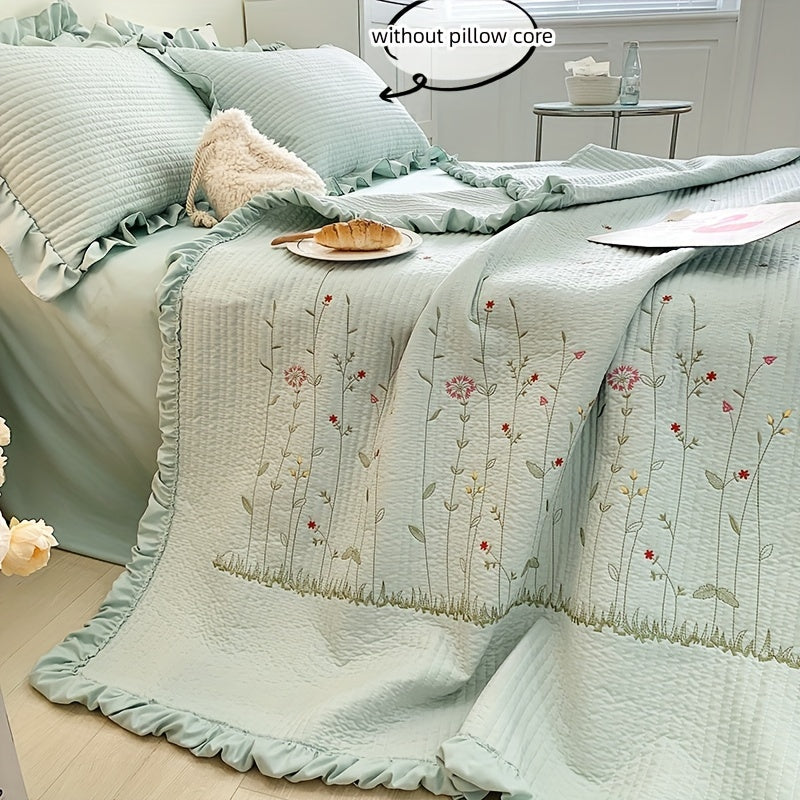 Комплект летнего одеяла из 3 предметов в корейском стиле с цветочной вышивкой включает одно легкое одеяло и две рюши подушки, изготовленные из полиэстеровой ткани, машинная стирка - стильное постельное белье для всех.