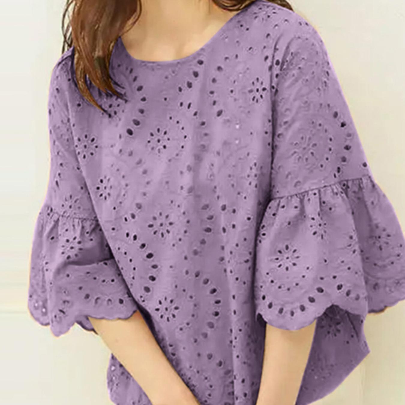 Plus Size Women's Casual Cotton Blouse with Eyelet Embroidery and Flared Sleeves