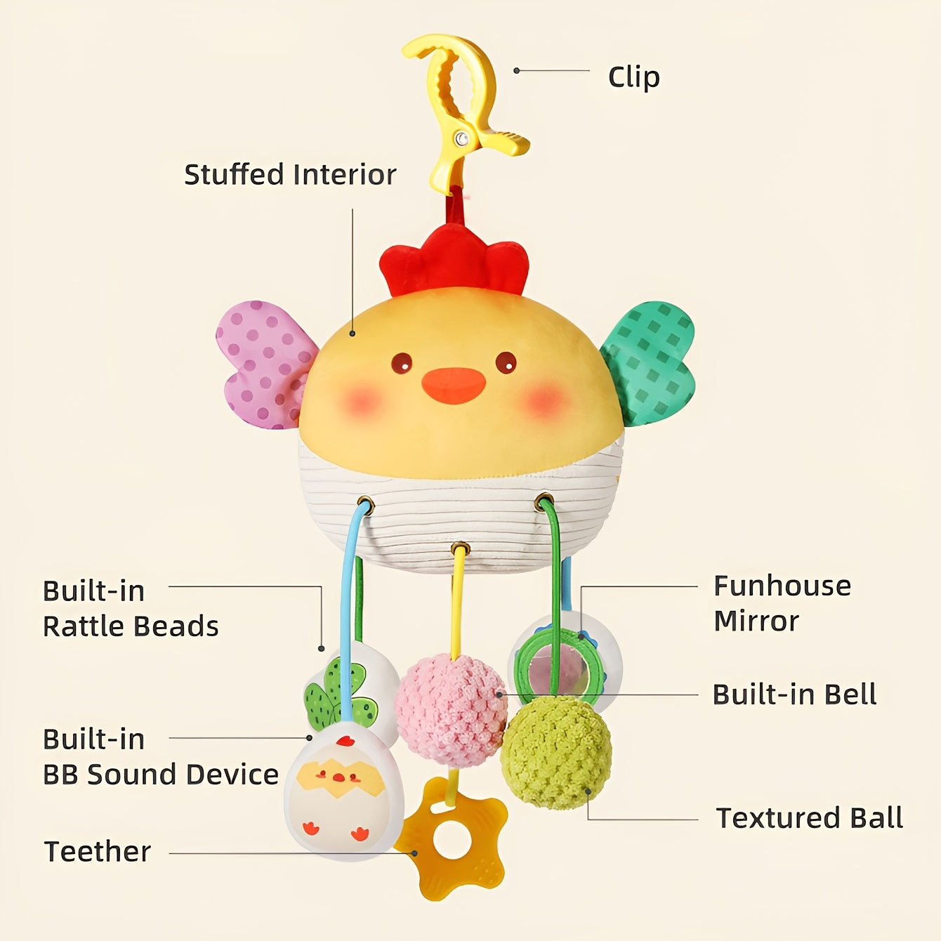 Children's Cartoon Bed Hanging Toy with Bell, Nibble-Safe Polyester, Multi-Color, Lightweight and Portable