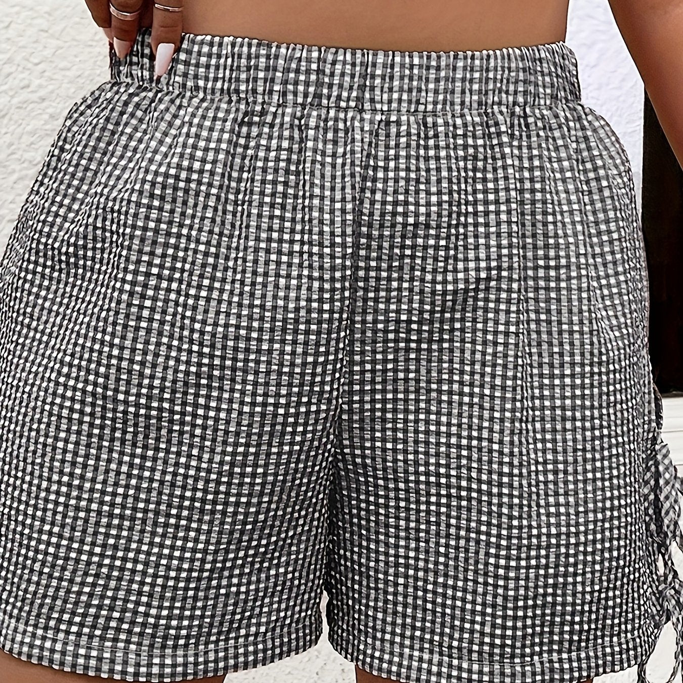 Women’s High-Waisted Plaid Shorts with Drawstring, Black and White Checkered