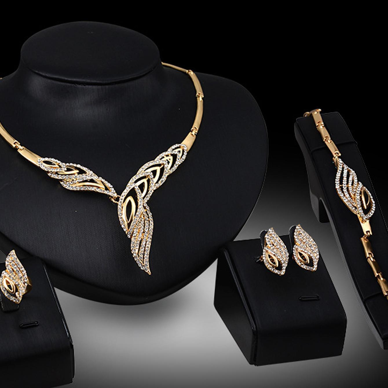 Exaggerated Leaf Jewelry Set for Women Wedding Boho Vintage Rhinestone Alloy Gold Plated