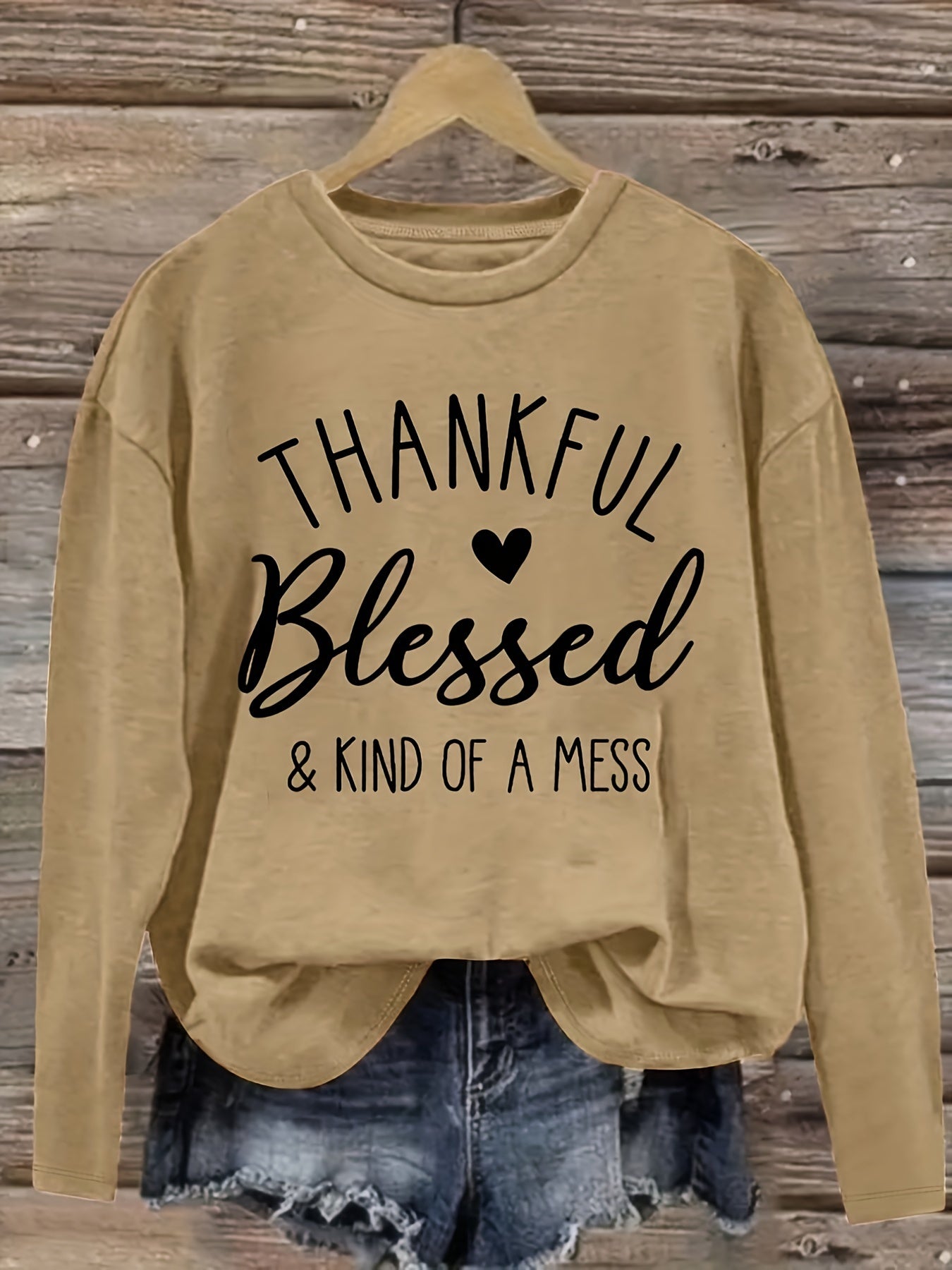 Plus Size Women's Polyester Knit Crew Neck T-Shirt Long Sleeve Casual Alphabet Pattern