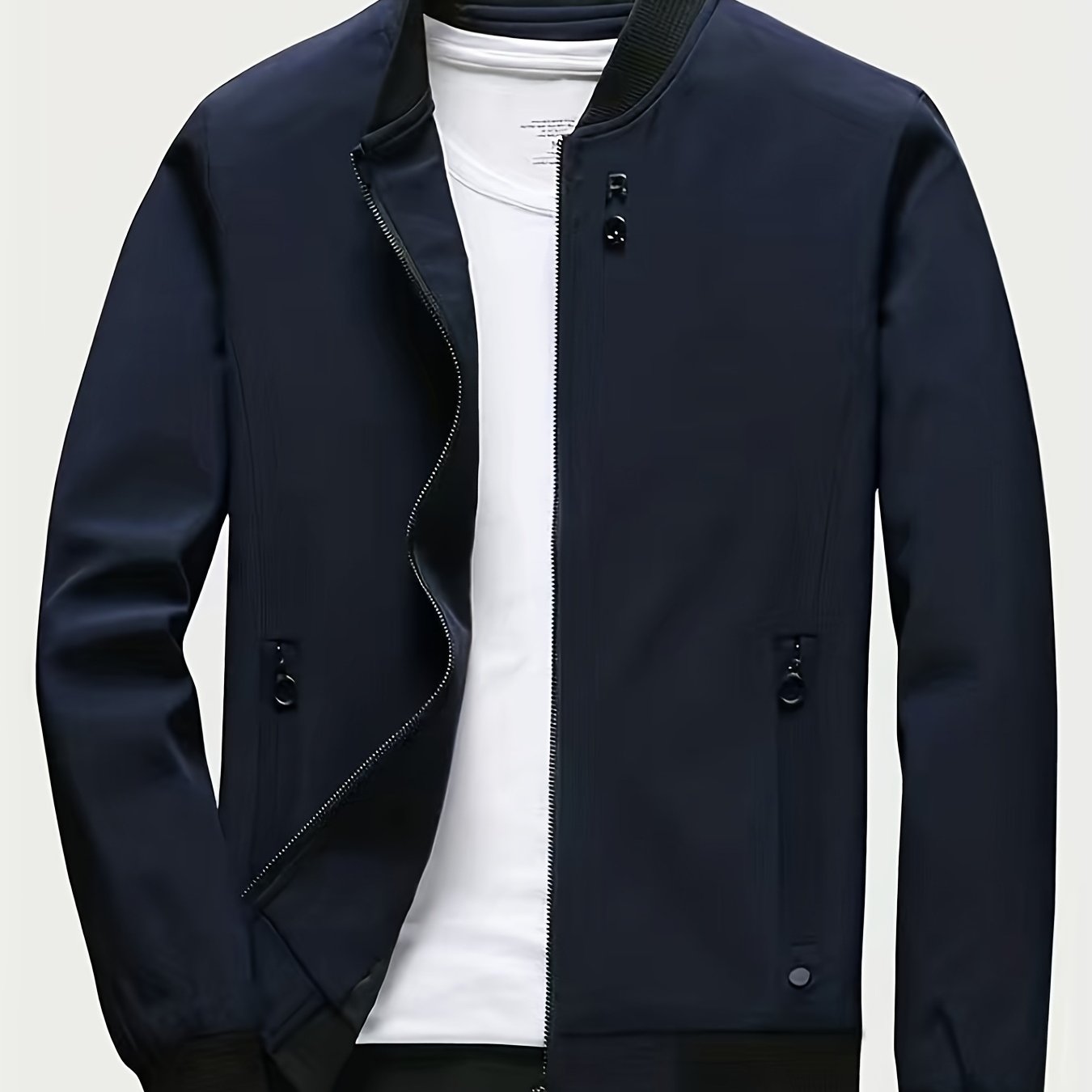 Chaqueta casual de manga larga de poliéster de corte ajustado con bolsillos, cuello alto con cremallera para primavera y otoño