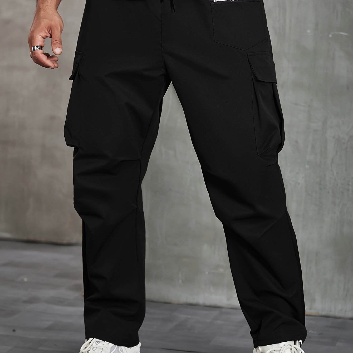Men's Plus Size Cargo Pants Non-Stretch Polyester Zipper Pockets Drawstring Regular Fit All-Season