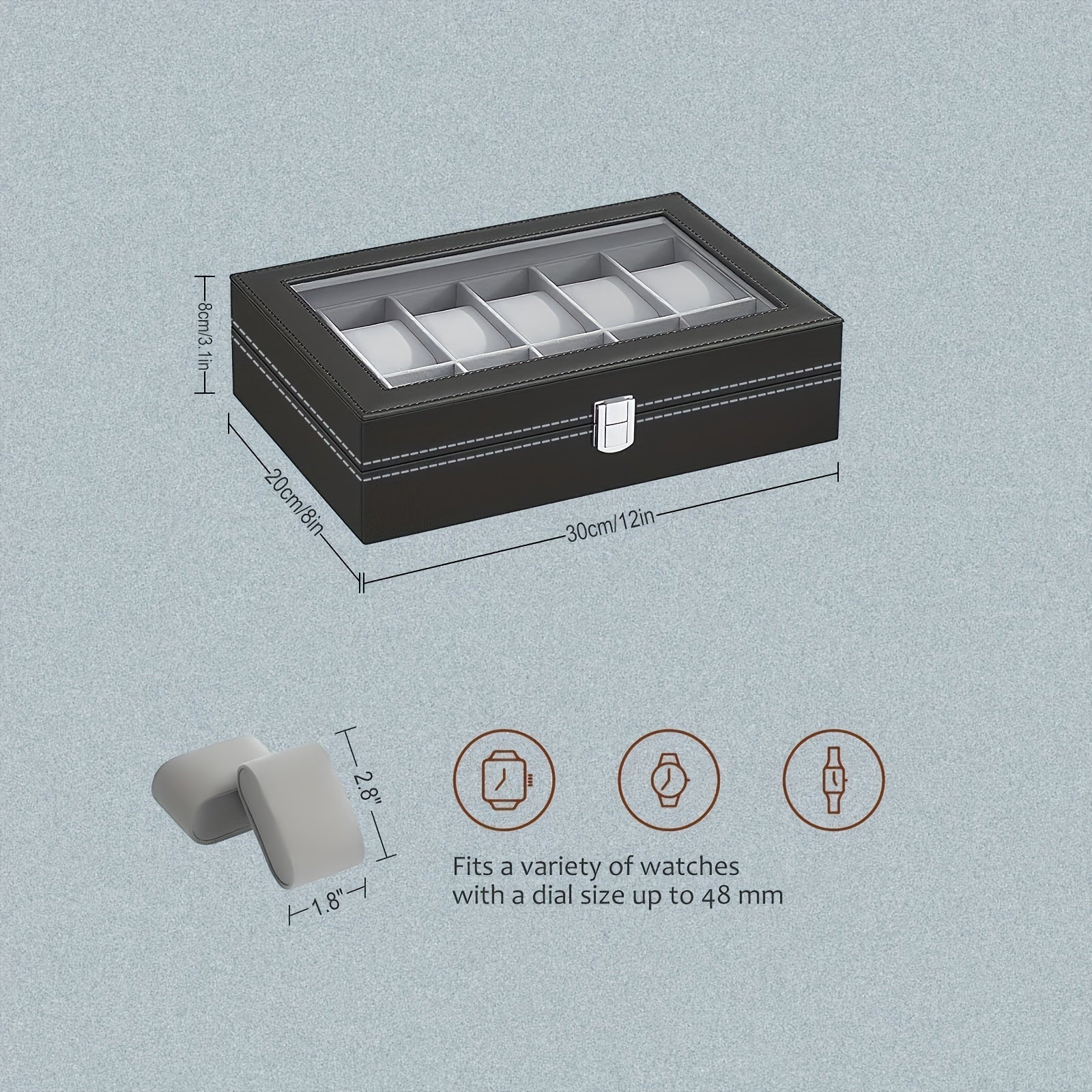Эта коробка для хранения часов имеет 12 отсеков в стильном сером дизайне, с прозрачной крышкой и обивкой из PU-кожи. Это идеальный вариант подарка.