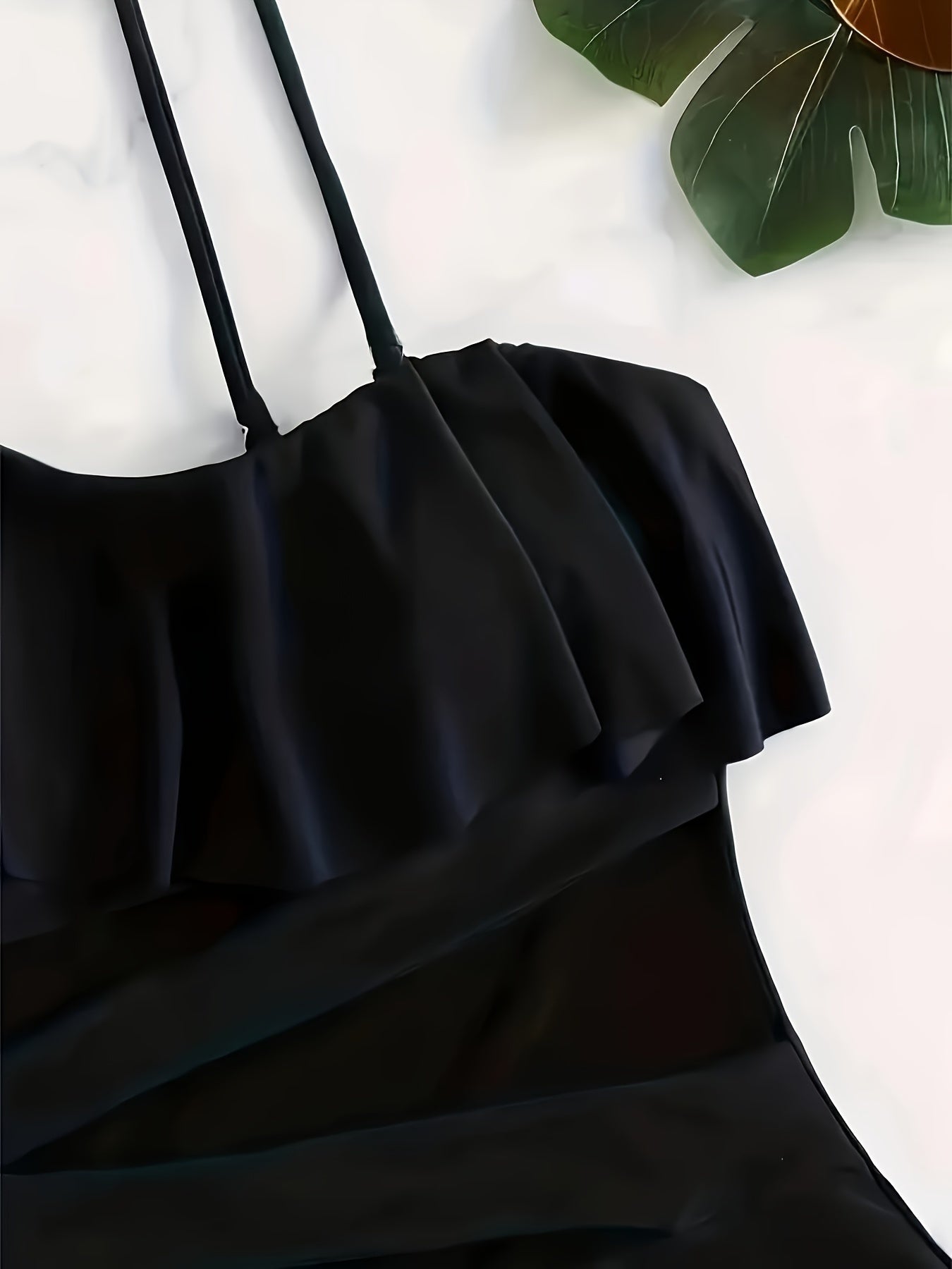 Women's Black One-Piece Swimsuit with One-Shoulder Mesh and Ruffle Details