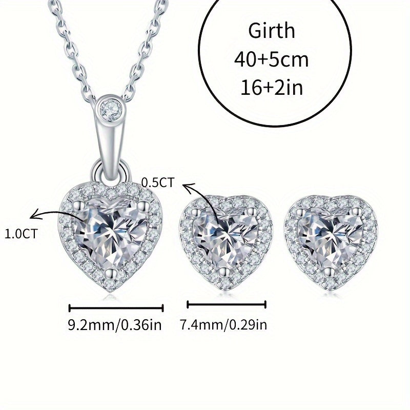 Heart-Shaped Moissanite Pendant and Stud Earrings Set Silver Plated Jewelry for Valentine's Day Wedding Anniversary
