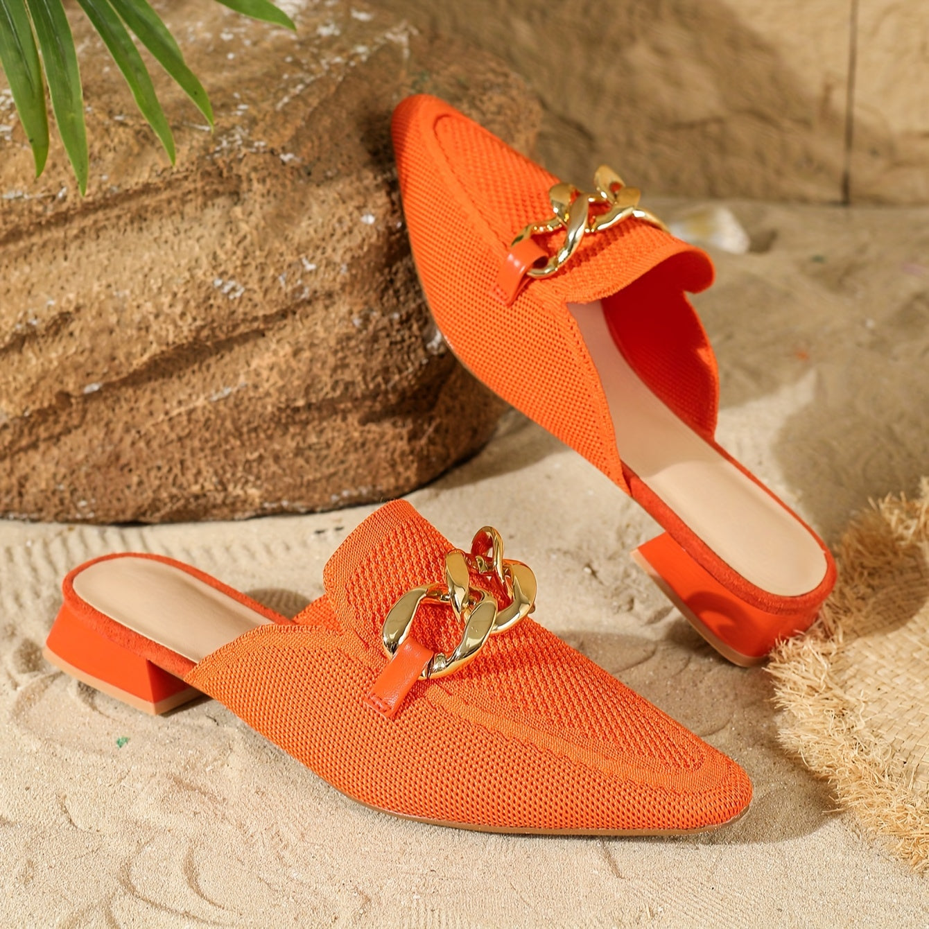 Women's Knitted Mules with Metallic Chain, Breathable Slip-On Shoes