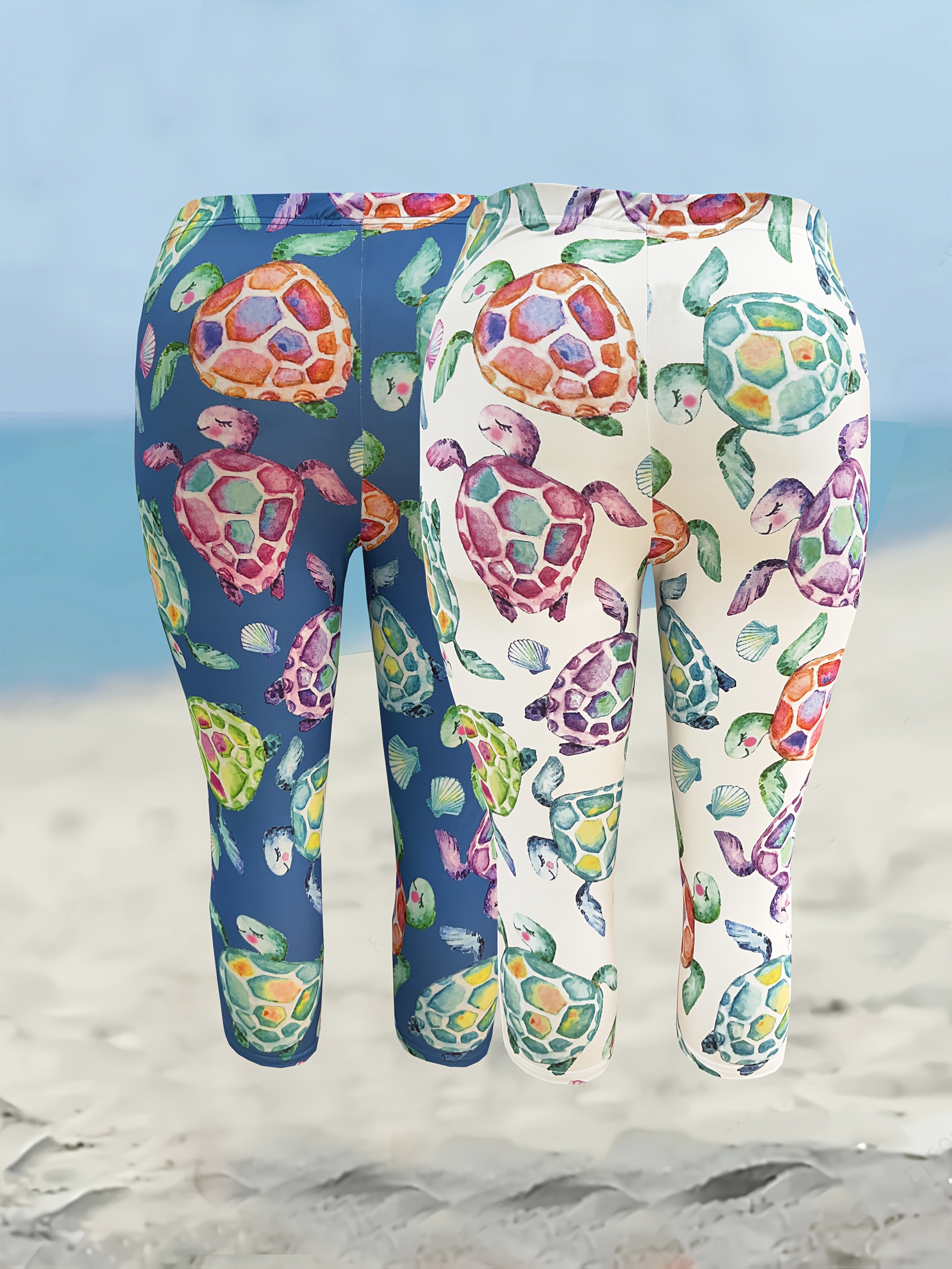 Women's Plus Size Turtle Print Fitted Capri Pants Set of 2