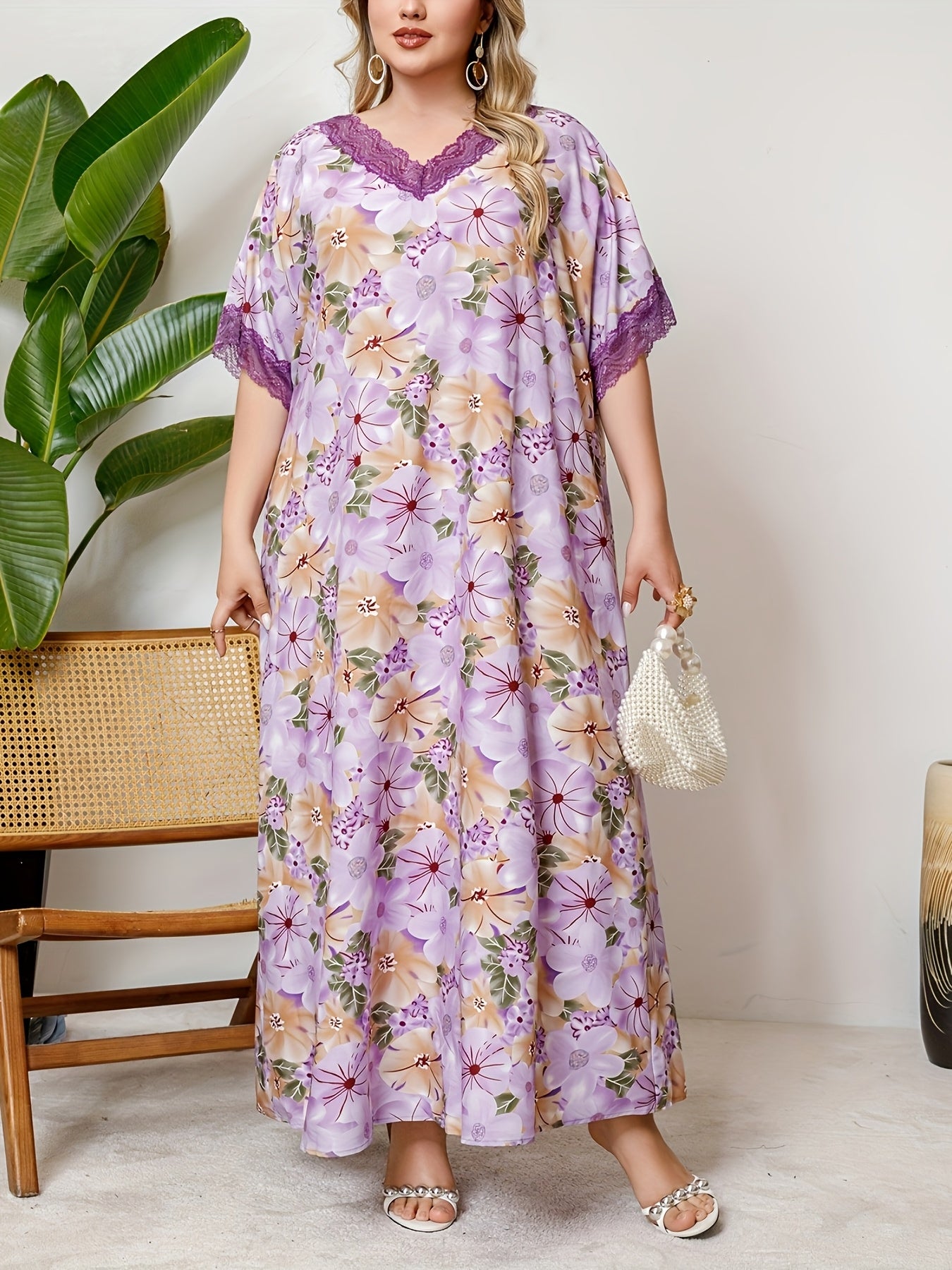 Plus Size Floral V-Neck Tunic Dress with Lace Details Polyester Woven All-Season