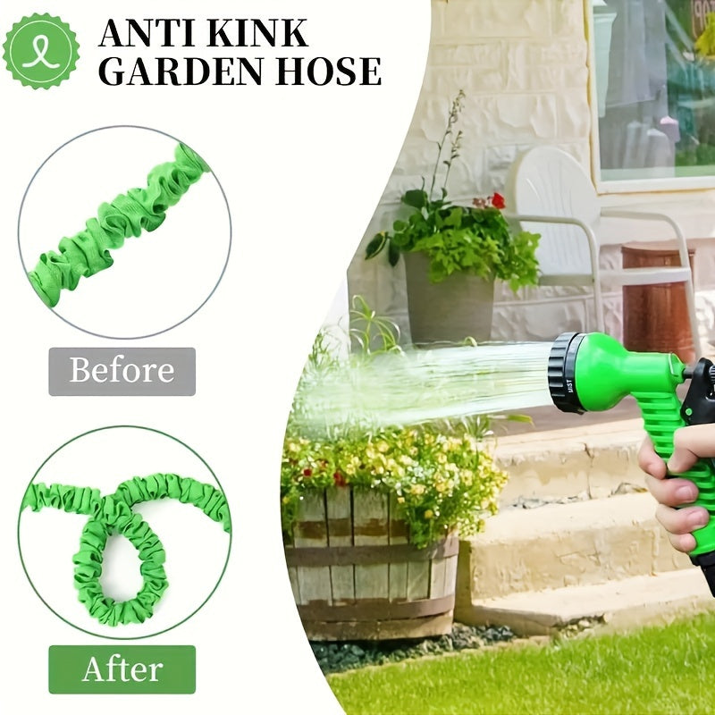 Expandable Green Rubber Garden Hose 30ft with High-Pressure Spray Gun and Anti-Kink Nozzle