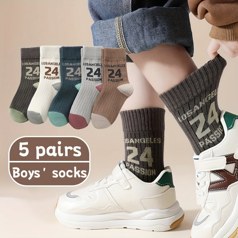 5 Boys' Crew Socks Polyester Blend Geometric Patterns Breathable All-Season