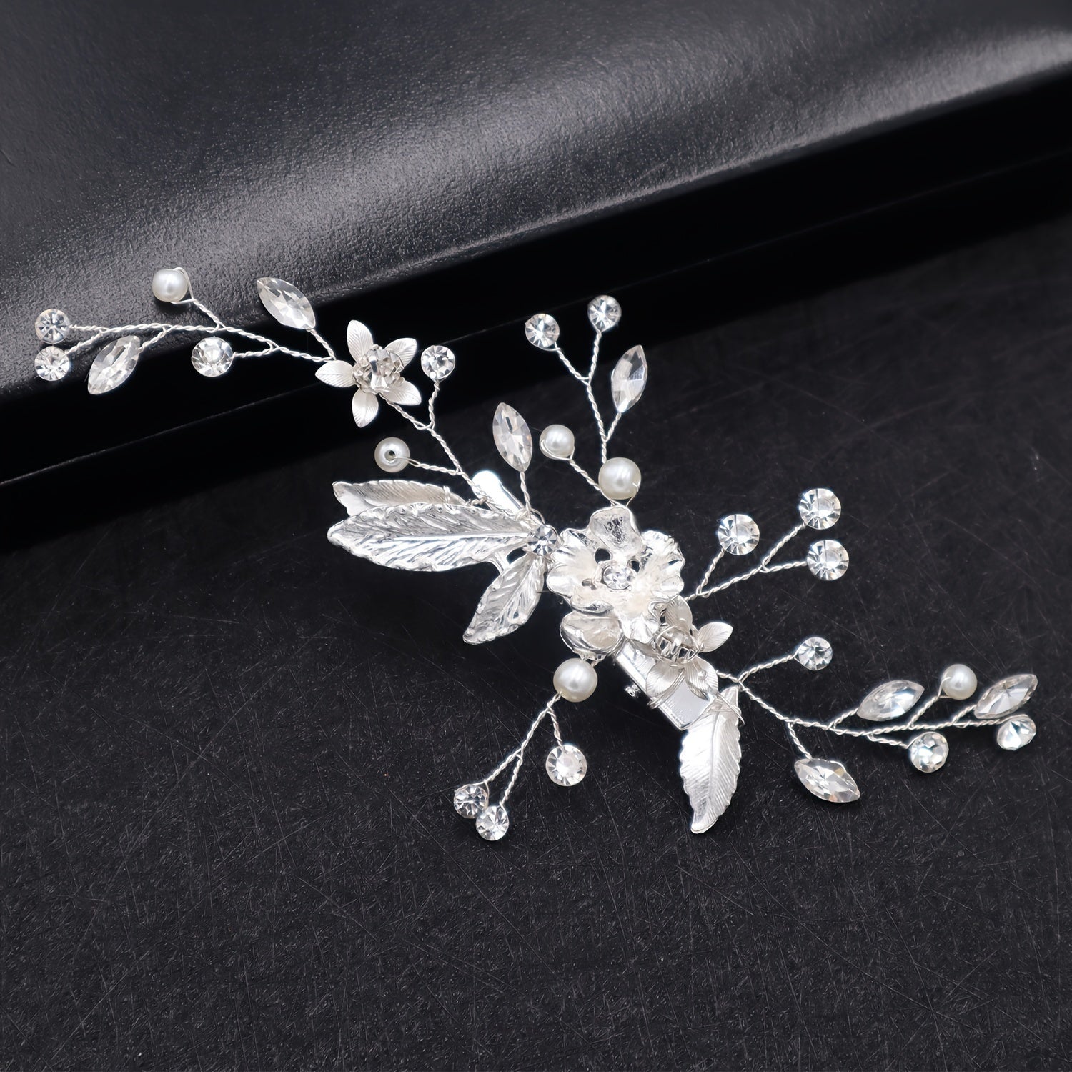 Floral Leaf Hair Clip with Faux Pearls and Rhinestones for Bridal and Party
