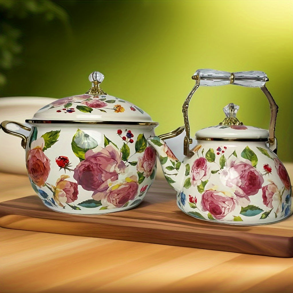 Enamel Double Handle Stew Pot 2.8L Floral Design Induction Gas Stove