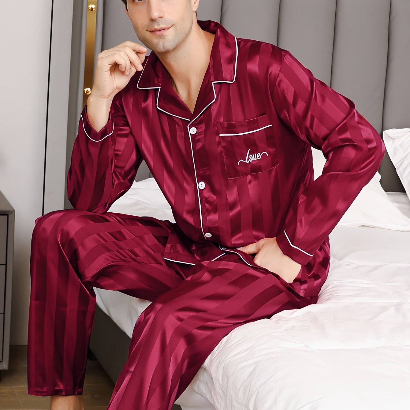 Men's Autumn Ice Silk Pajama Set Long Sleeve Top and Pants Casual Sleepwear