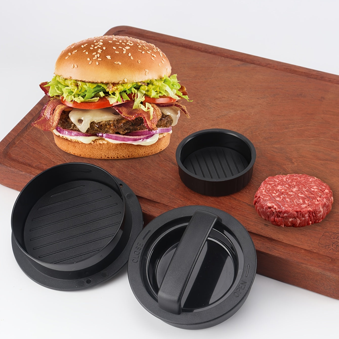 3-in-1 Manual Burger Press with Non-Stick Coating and Baking Paper