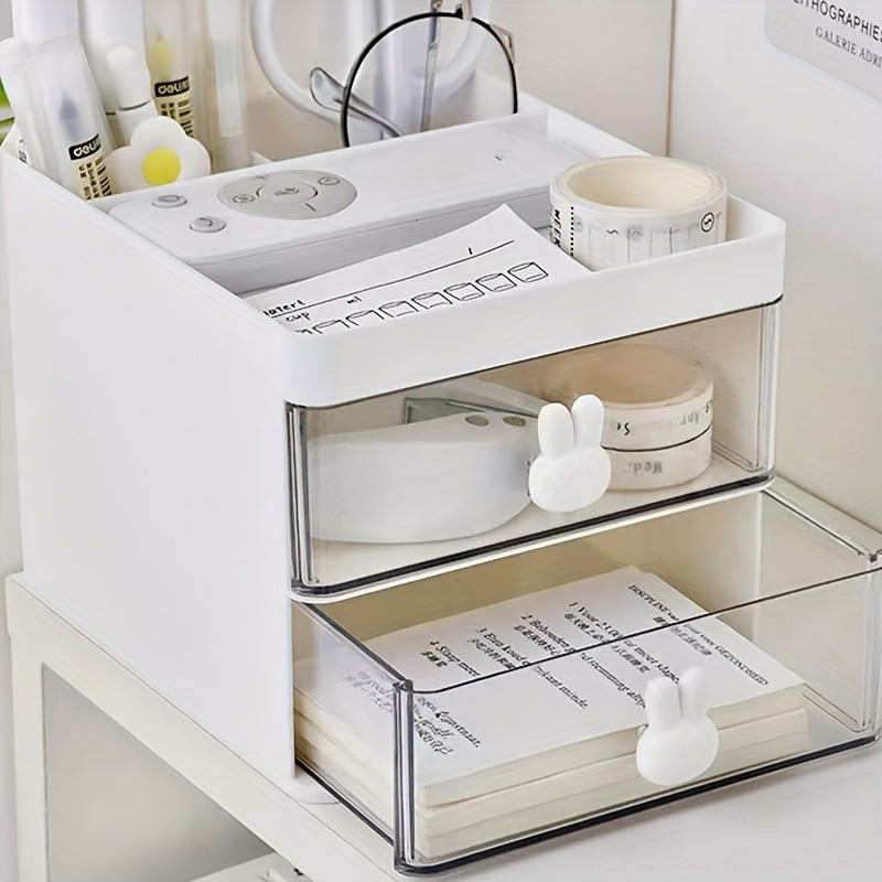 Прозрачная коробка для хранения с ручкой в виде кролика, идеально подходит для организации офисных принадлежностей, косметики и ювелирных изделий.