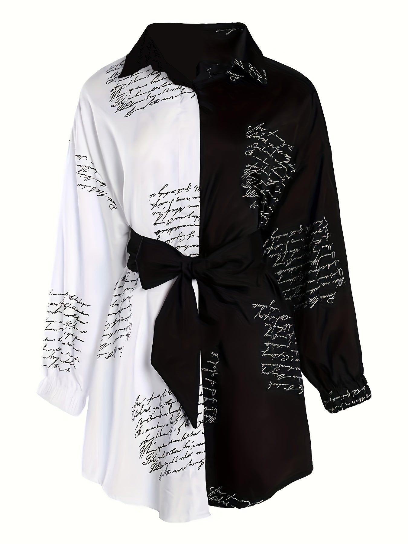 Ayollar uchun belbog'li plussayz rangli blokli ko'ylak. V-yuqori, uzun yeng, harf bosma. Mashinada yuvish mumkin, polyesterdan tayyorlangan. Norasmiy uslub.