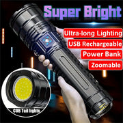 Ultra Bright LED Flashlight with USB Rechargeable Battery and Zoomable COB Tail Light for Camping Hunting Outdoor