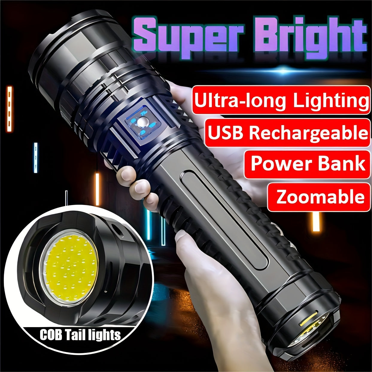 Ultra Bright LED Flashlight with USB Rechargeable Battery and Zoomable COB Tail Light for Camping Hunting Outdoor