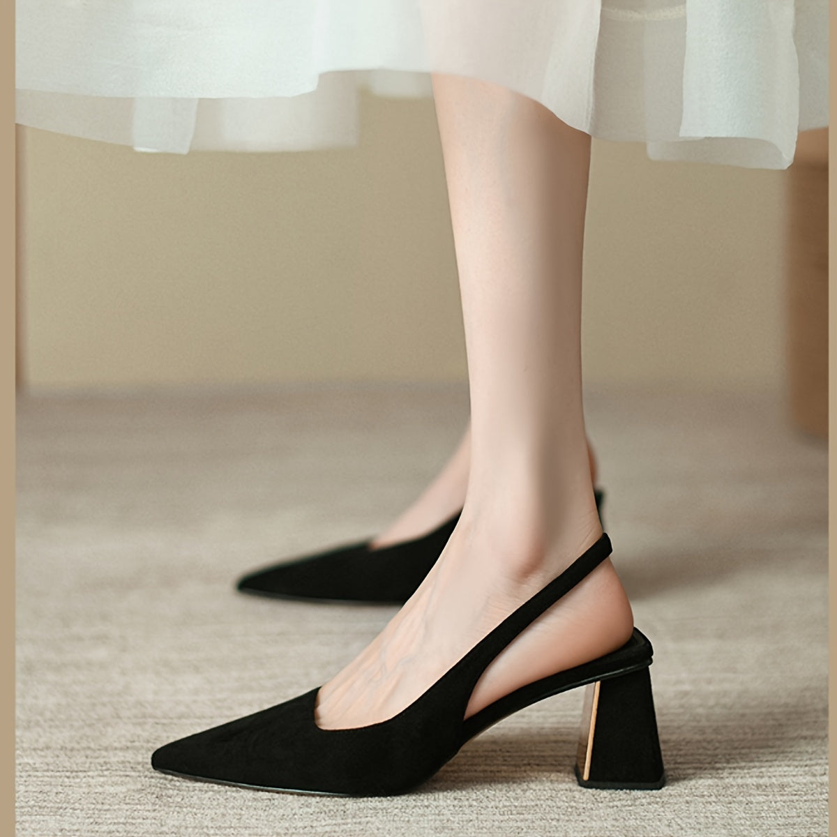 Women's Pointed Toe Block Heel Pumps with Fabric Upper and Rubber Sole