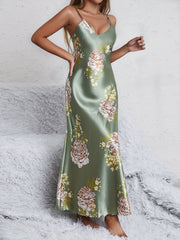 Floral Print Slip Nightdress with V Neck Backless Spaghetti Straps Summer Women Sleepwear