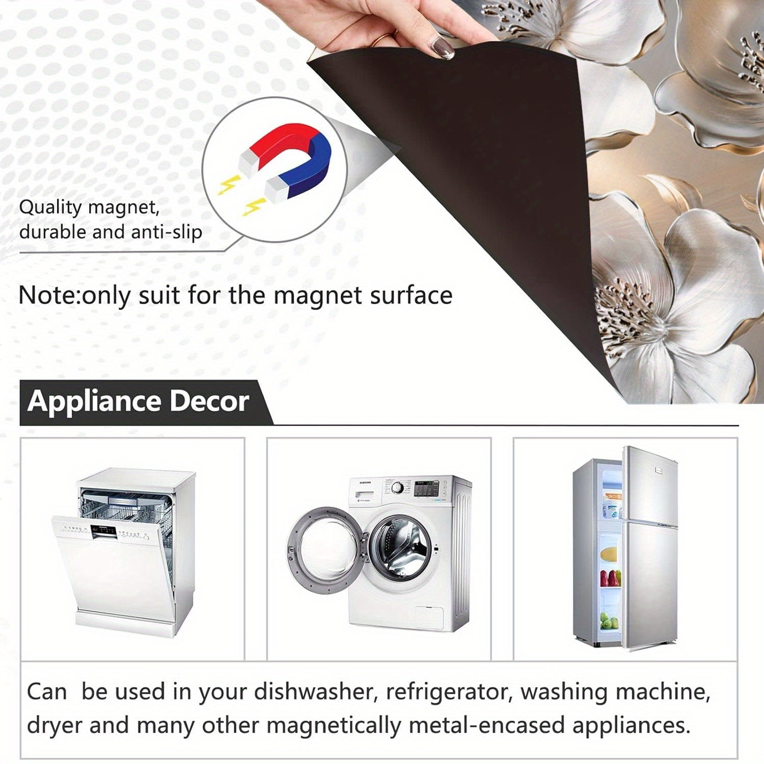 Серебристая 3D-цветочная магнитная крышка для посудомоечной машины, водонепроницаемая, термостойкая, 58,5x65 см