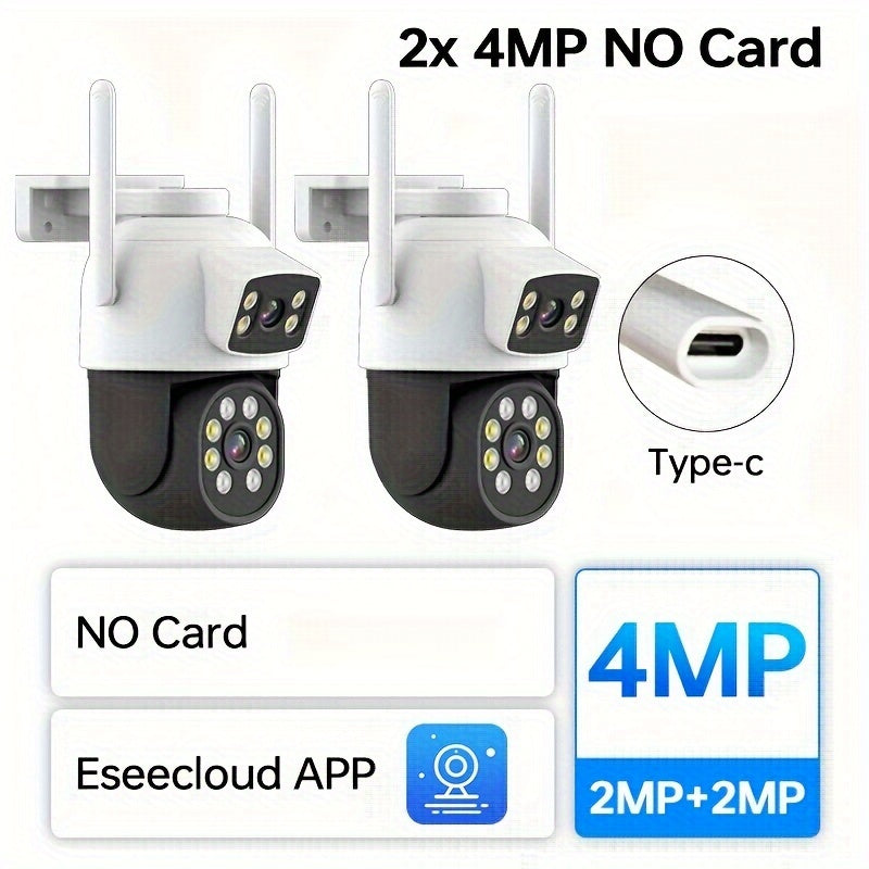 Ikki ta tashqi xavfsizlik kamerasi to'plami, simsiz WiFi IP65 suv o'tkazmaydigan, 360° PTZ kechqurun ko'rish uchun