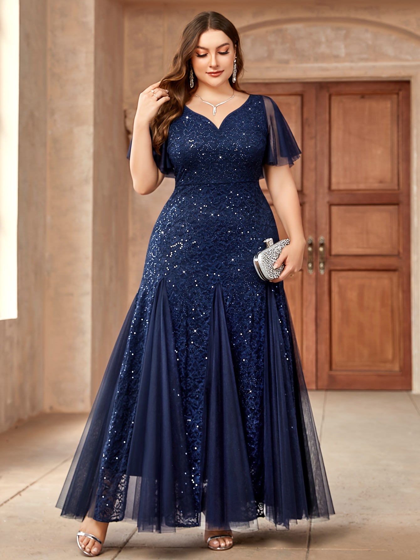 Plus Size Emerald Green Sequin Wedding Dress with Ruffle Sleeves and Lace Contrast