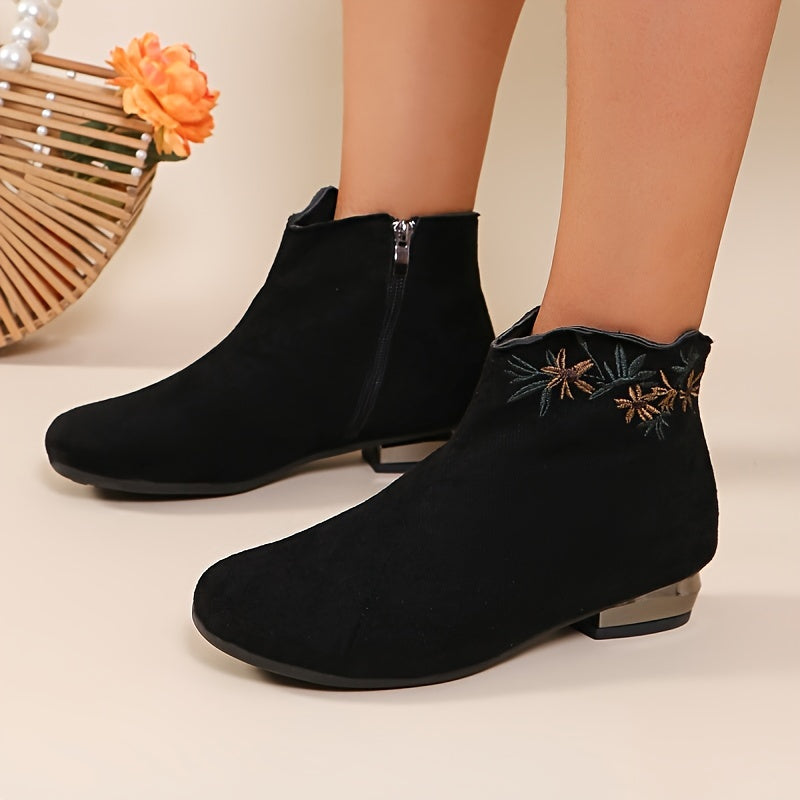 Women's Flannel Ankle Booties with Zipper & Embroidery Low Heel