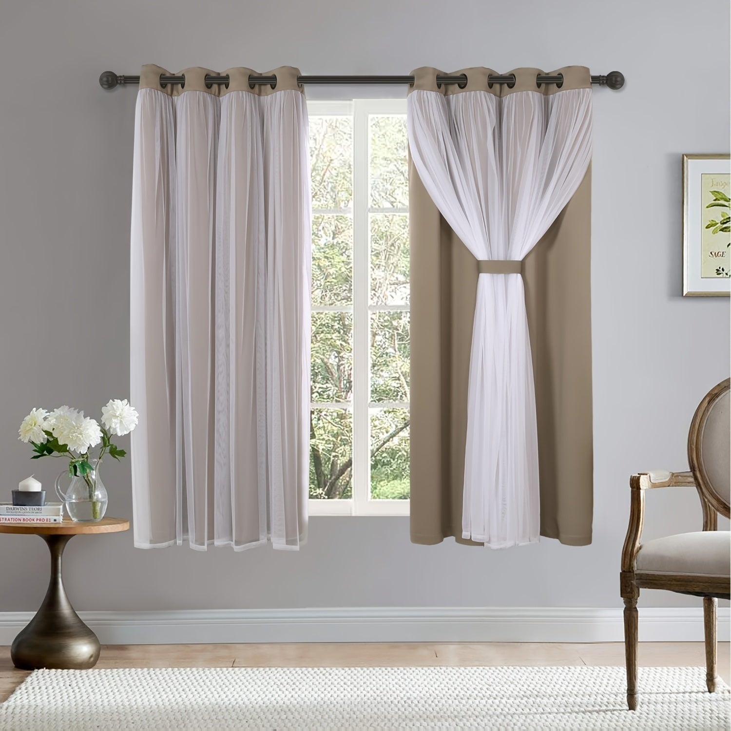 Grey Blackout Curtains with White Sheer Voile Double Layer Grommet Bedroom Window Treatment
