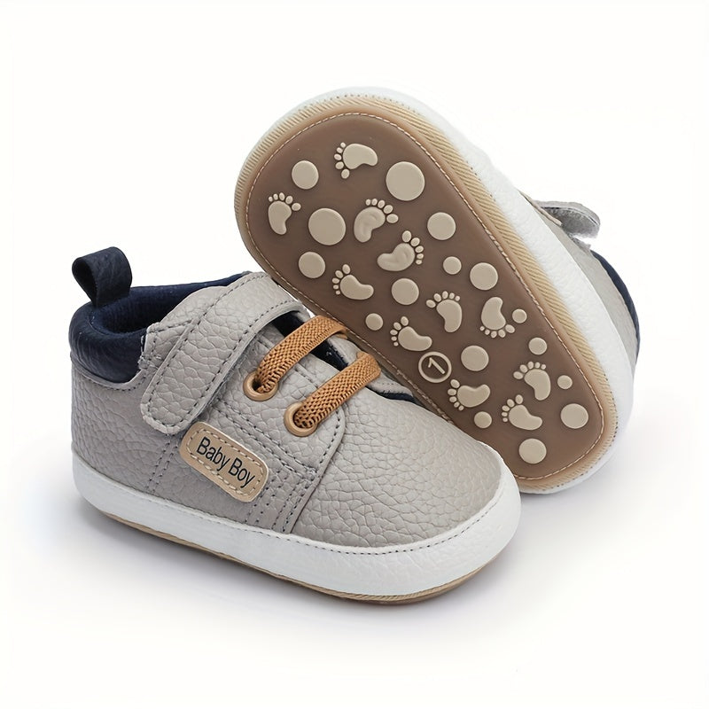 Infant Baby Sneakers Non-Slip Rubber Sole Light Gray PU Upper Blue Accents First Walker Shoes