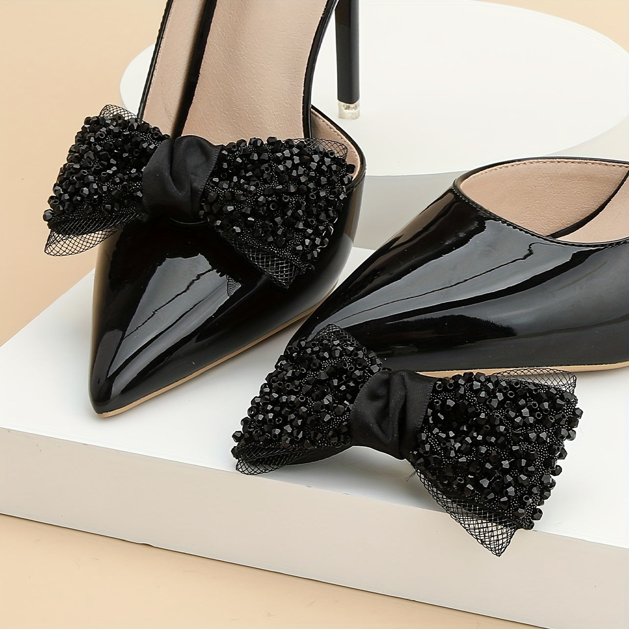 Black Bow Shoe Clips Pack Beaded Nylon Elastic Formal Accessories