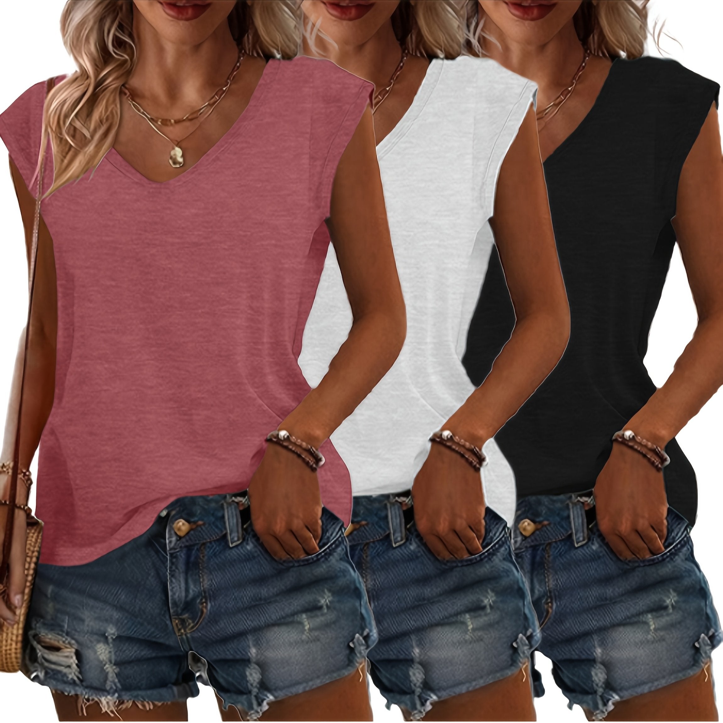 Women's Casual Solid Color V-Neck T-Shirts, Short Sleeve, Loose Fit, 3 Pack