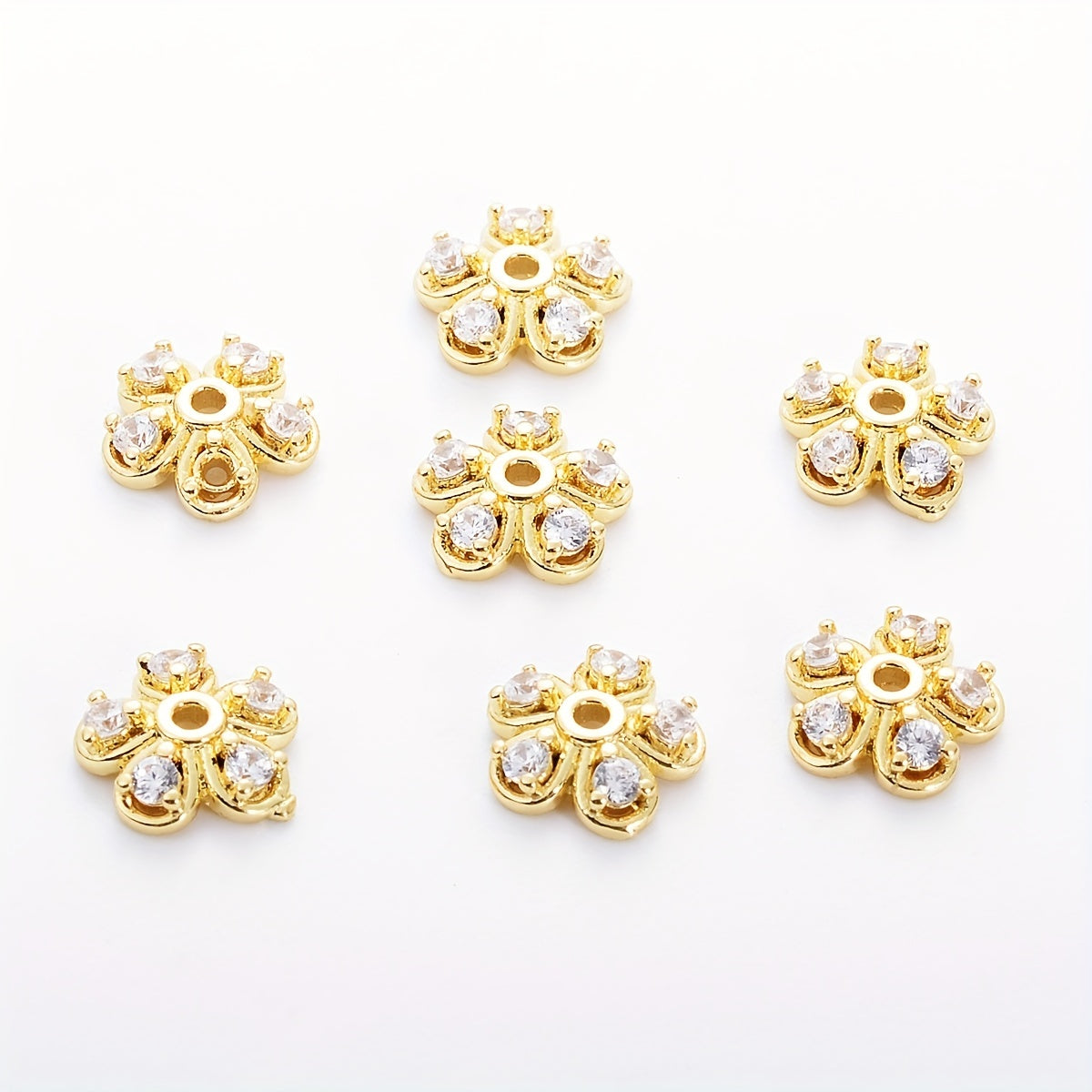 Brass Flower Bead Caps Set of 20 with Synthetic Cubic Zircons 6mm 8mm 10mm