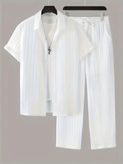 Men's Striped Polyester Pajama Set with Cardigan and Trousers for Casual Summer Wear