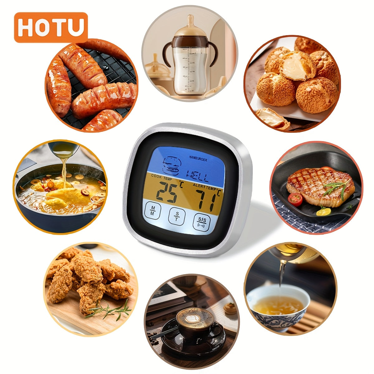 Digital Meat Thermometer with Large Touch Screen Stainless Steel Probe for BBQ Cooking Baking